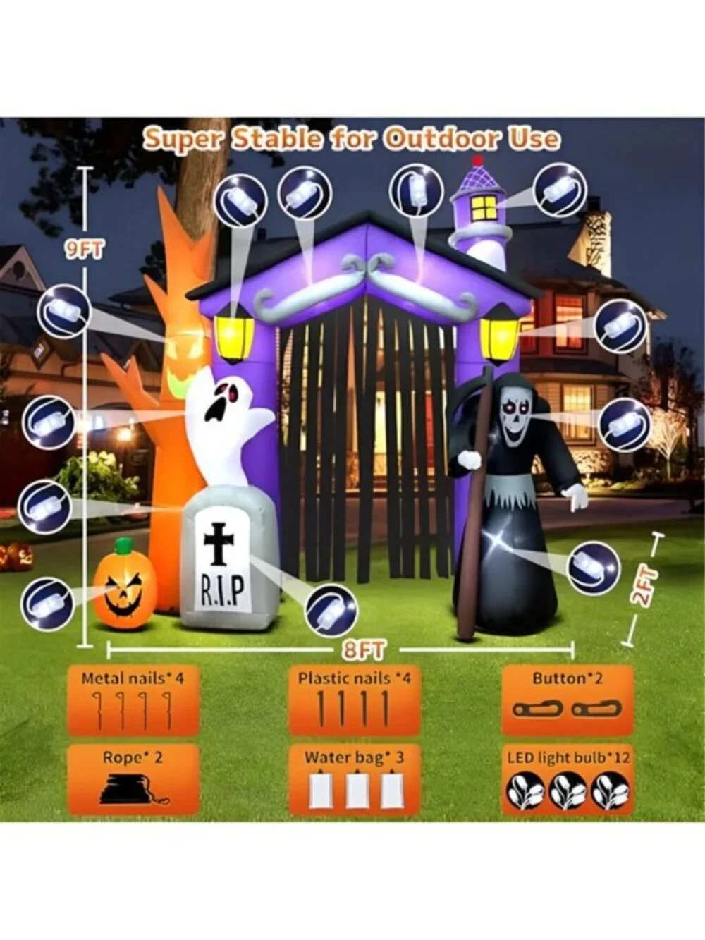 9FT Halloween Inflatables Haunted House Castle Archway Decoration with Led
